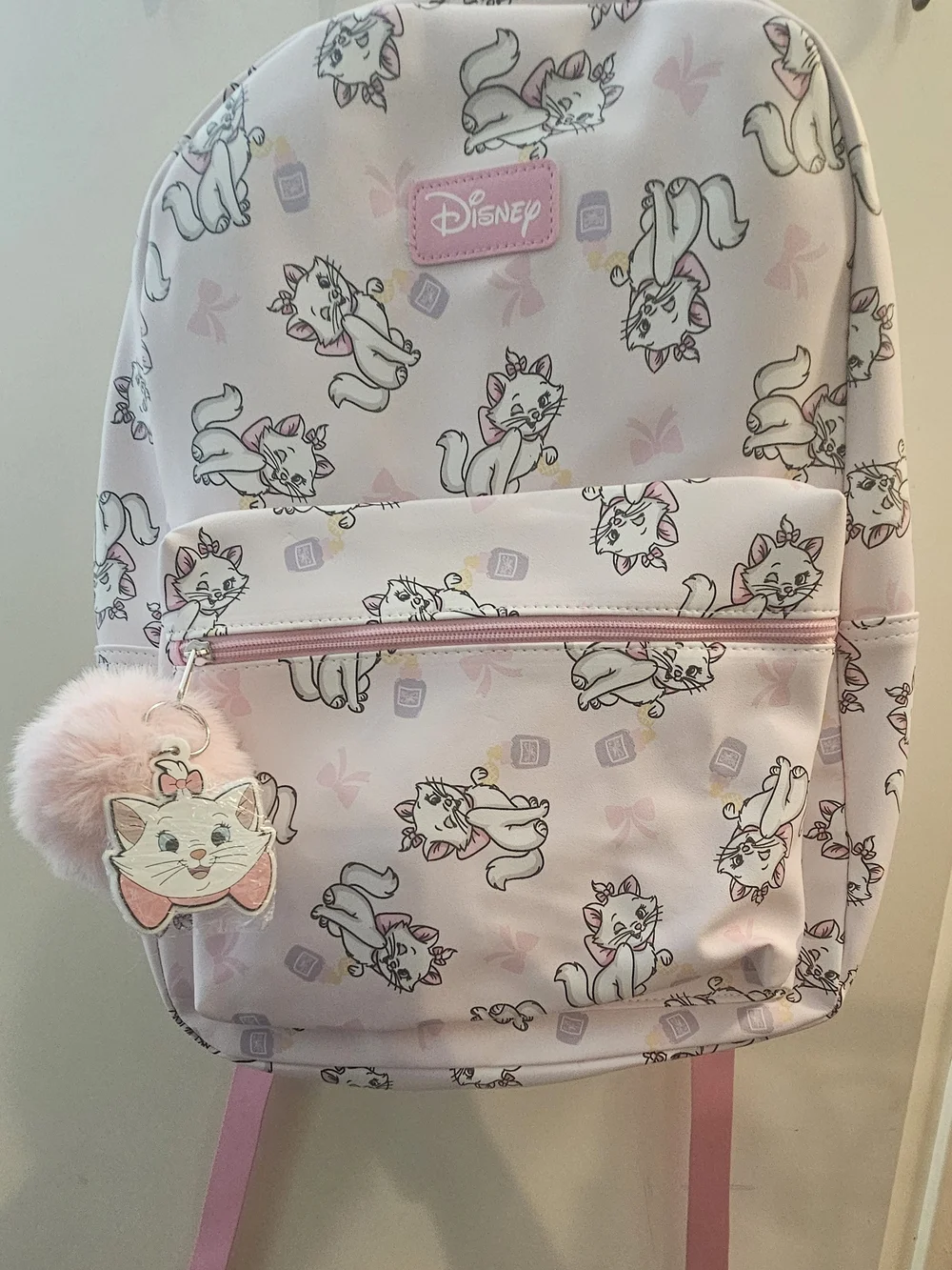 Disney Pink Marie Cat Print Kids Backpack with Pom Keychain